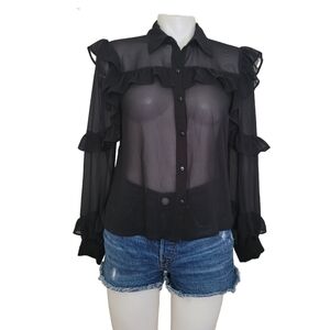 Elegant Black Ruffle Sheer Blouse